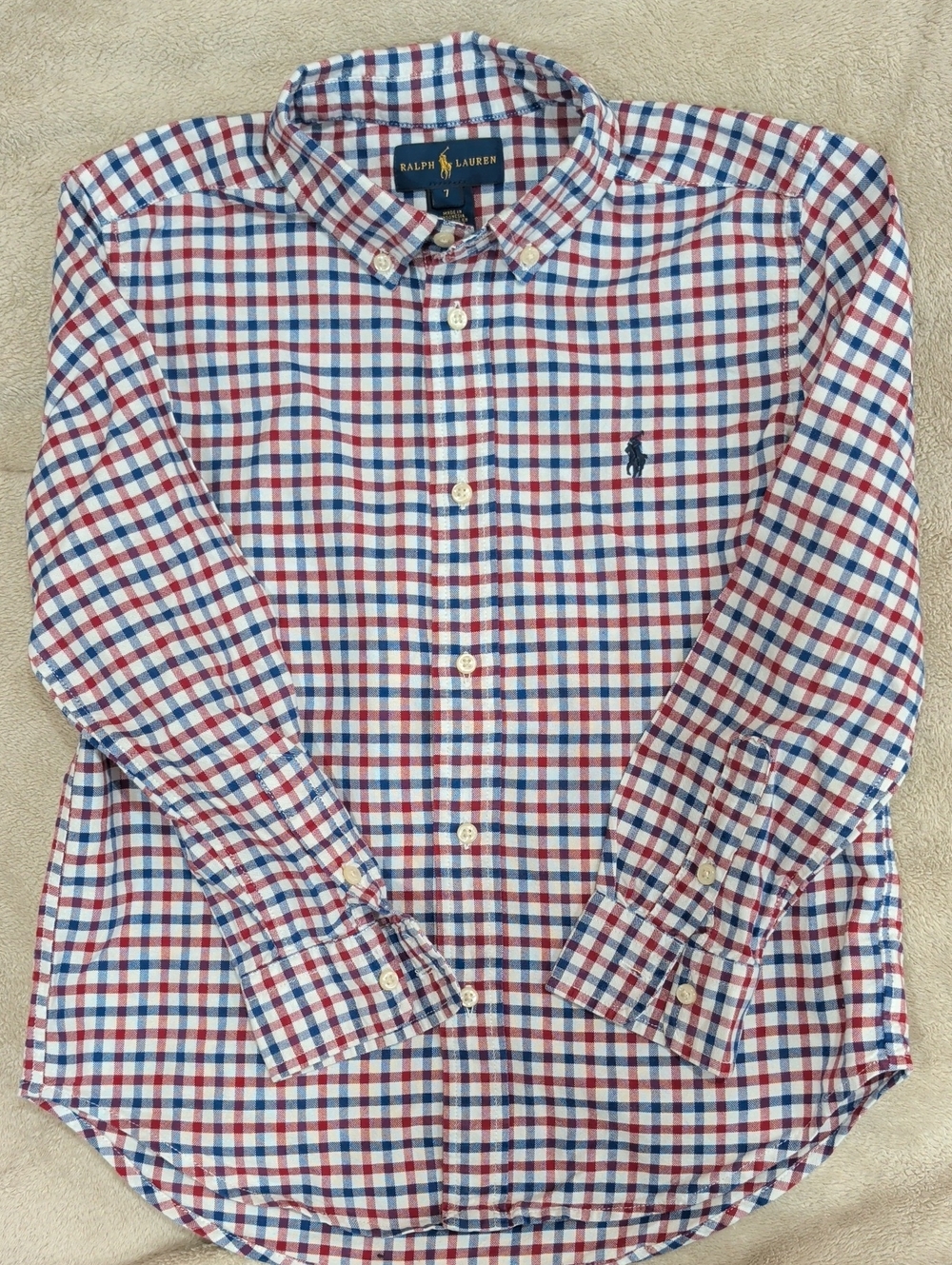 Ralph Lauren Boys  Size 7 Red, White and Blue Checked Button-Down Long SleeShirt